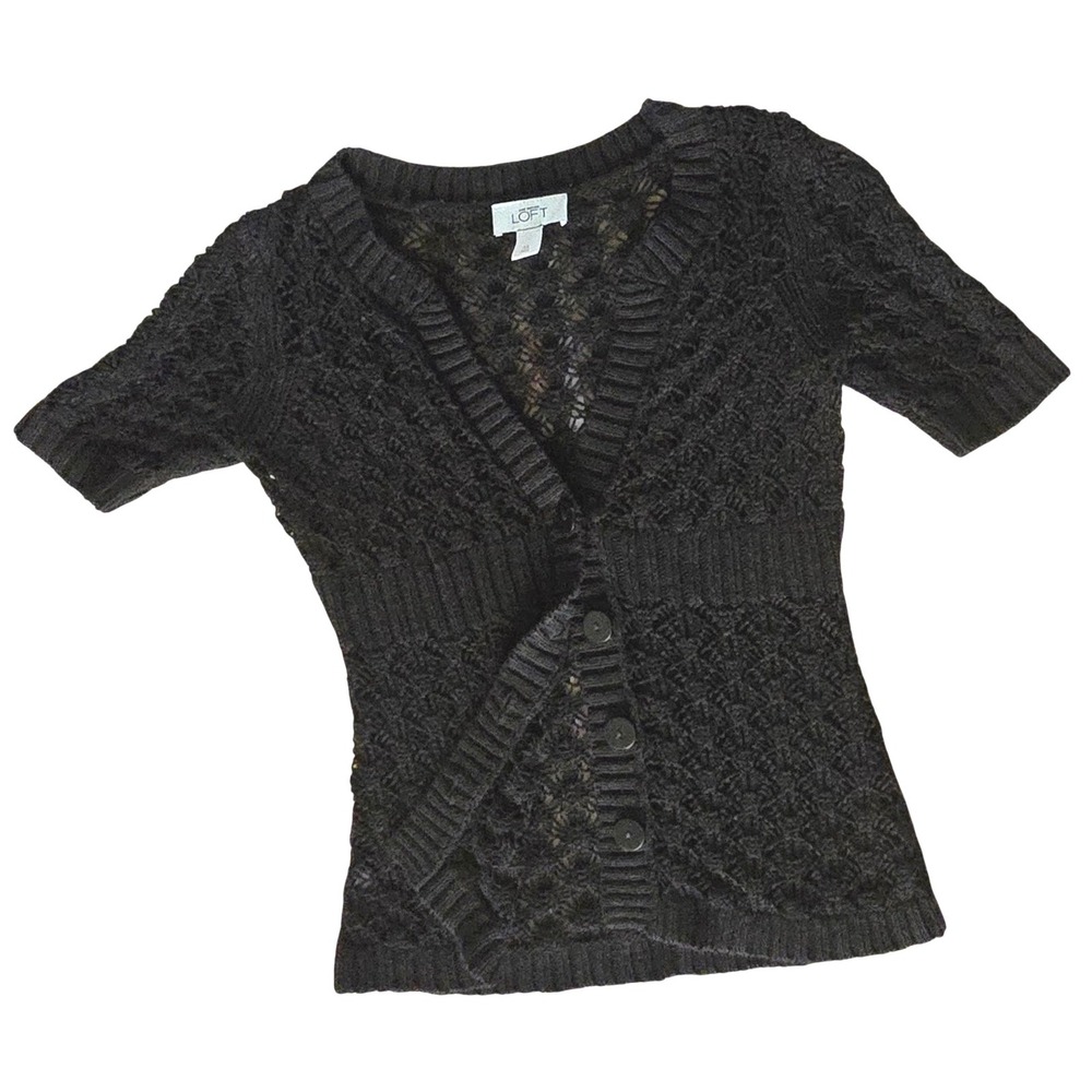 VINTAGE LOFT Black Crochet Knit Cardigan Sweater‎ Short Sleeve Button Womens XS
